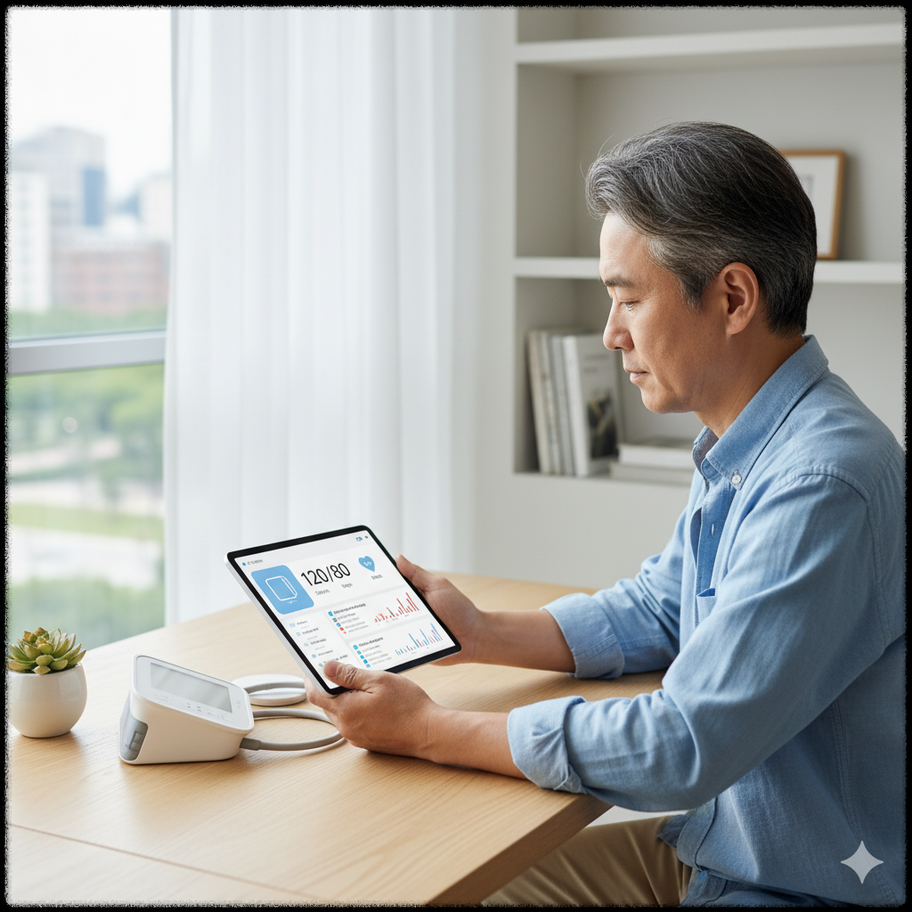 태블릿으로 건강 데이터를 확인하는 중년 남성