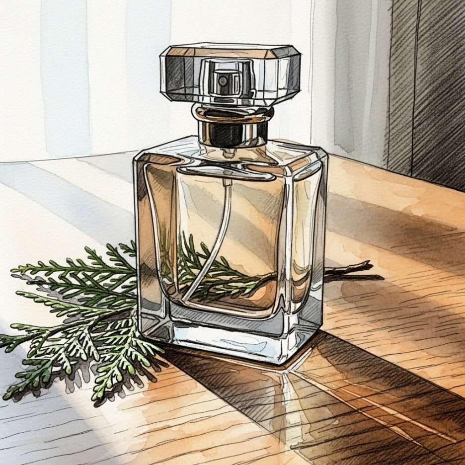 은은한 분위기를 자아내는 향수병과 나뭇가지