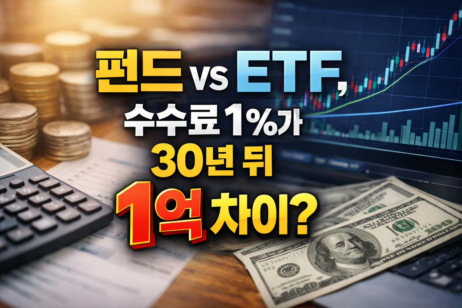 동전 더미와 계산기, 달러 지폐, 상승 주가 차트 배경의 투자 썸네일, &lsquo;펀드 vs ETF, 수수료 1%가 30년 뒤 1억 차이?&rsquo; 문구