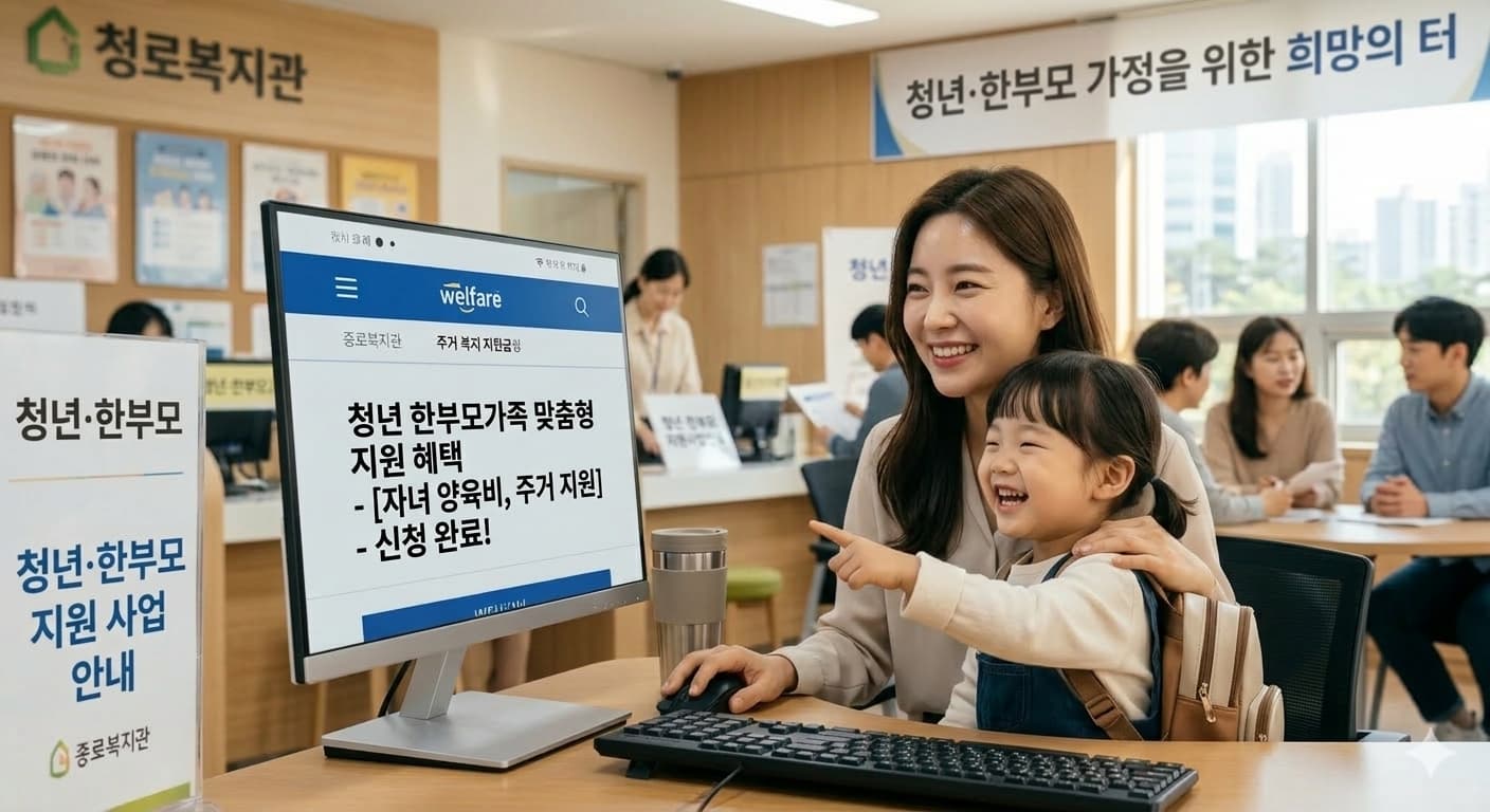 컴퓨터로 자신에게 딱 맞는 정부지원금 혜택 안내를 확인하고 환하게 웃으며 기뻐하는 한부모 모습