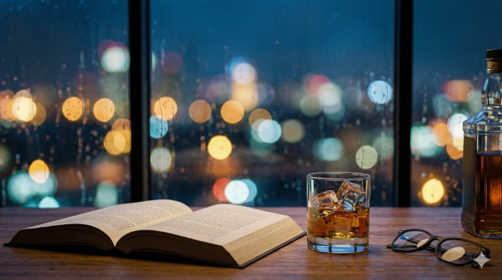 늦은 밤, 도시의 야경이 내려다보이는 창가 테이블에 놓인 책과 위스키 잔. 도시의 불빛들이 흐릿하게 보케(빛망울) 처리되어 '도시의 고독'과 '위로'를 동시에 표현.
