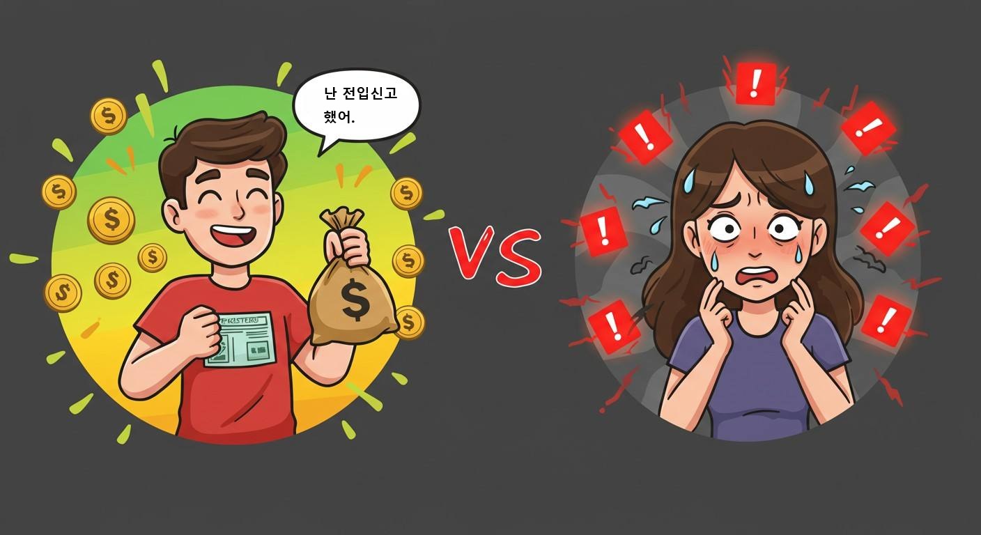 A cute infographic-style scene of two characters: one who registered and is smiling with a refund bag, and the other sweating surrounded by red warning icons.