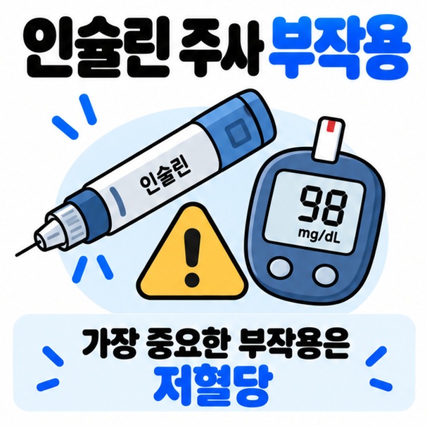 인슐린 펜 혈당측정기와 경고 아이콘을 중심으로 인슐린 주사 부작용 문구를 보여주는 차분한 대표 카드뉴스 이미지