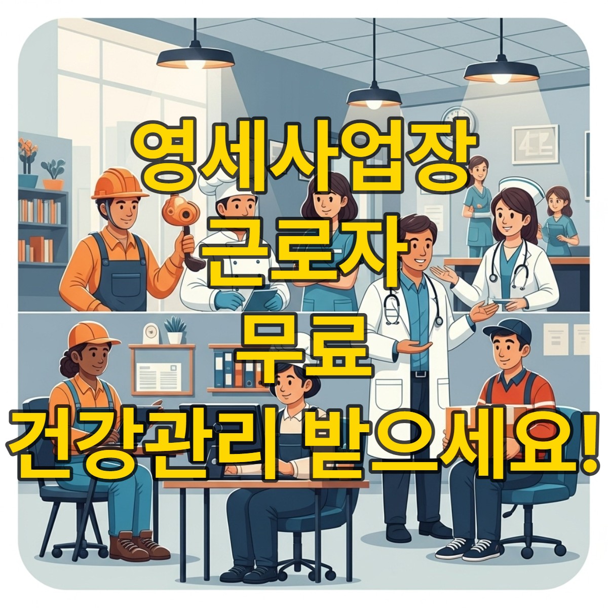 다양한 영세사업장 근로자들이 친근한 분위기의 근로자 건강센터에서 의사, 간호사, 상담사로부터 무료 건강상담 및 심리상담을 받는 모습. 근골격계 예방 활동도 포함된 전반적인 건강 증진 서비스를 상징하는 이미지.
