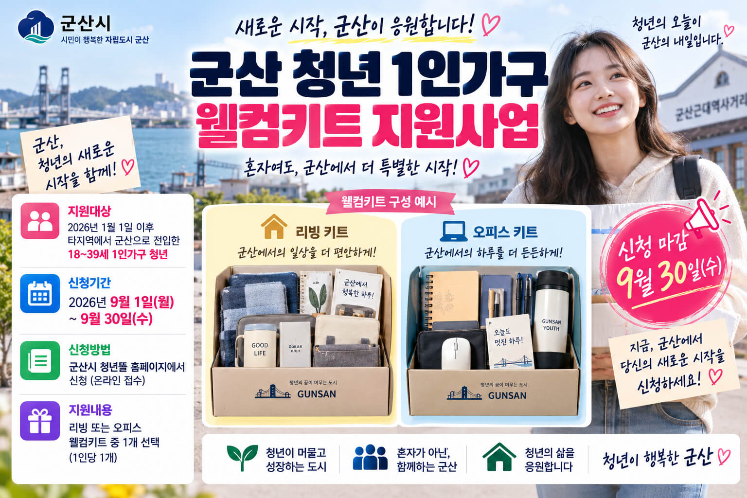 군산으로 전입한 18~39세 청년 1인가구를 대상으로 리빙·오피스 웰컴키트 지원과 9월 30일 신청 마감을 안내하는 이미지