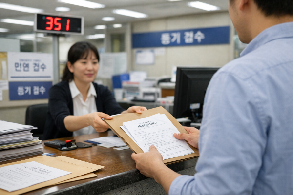 등기소에서 소유원이전등기신청서 제출하는 장면