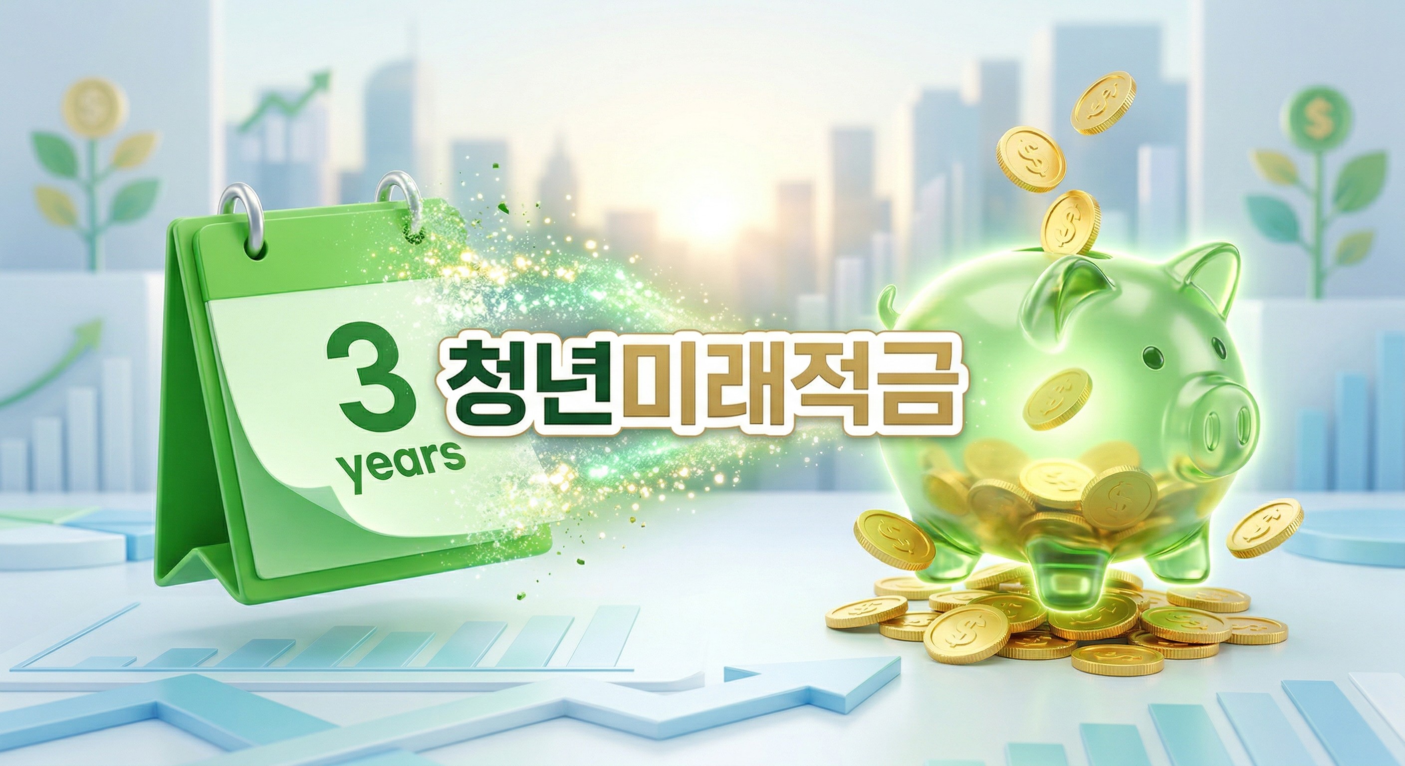 3년이 표시된 달력이 금화가 가득 찬 저금통으로 변하는 배경에 '청년미래적금'이라는 한글 문구가 중앙에 적힌 3D 일러스트