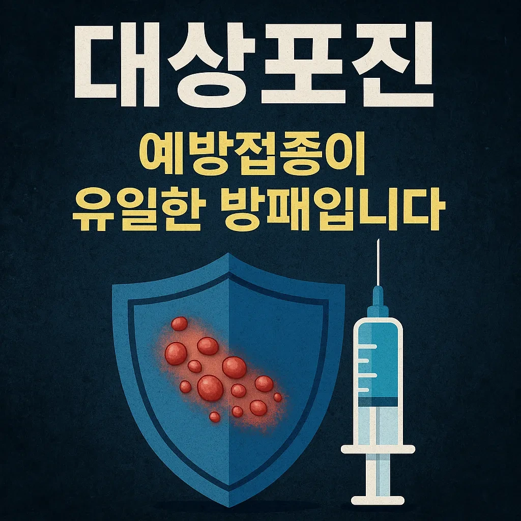 대상포진 예방접종의 중요성을 강조하는 건강 인식 포스터. 경고 배경과 함께 '대상포진, 예방접종이 유일한 방패입니다'라는 문구가 강조된 시각적 디자인.