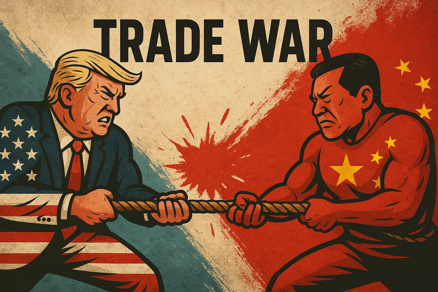 미국과 중국이 줄다리기로 무역전쟁을 상징하는 이미지