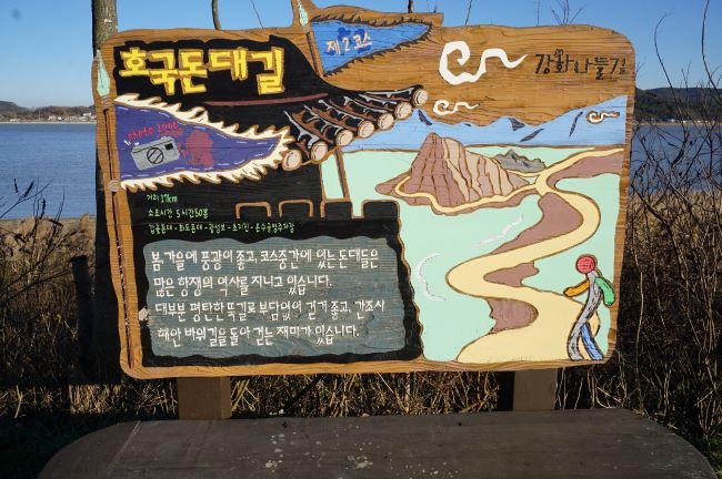 호국돈대길 안내판, 안내판에 깃발그림, 강화길 안내도 그림, 걸어가는 사람 형상 1,