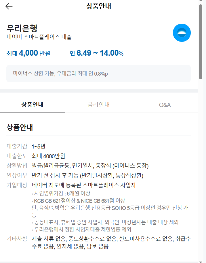 네이버 스마트플레이스 대출 한도와 금리
