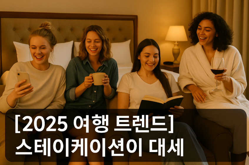 호텔 객실 안에서 네 명의 여성 친구들이 함께 스테이케이션을 즐기고 있는 모습 이미지