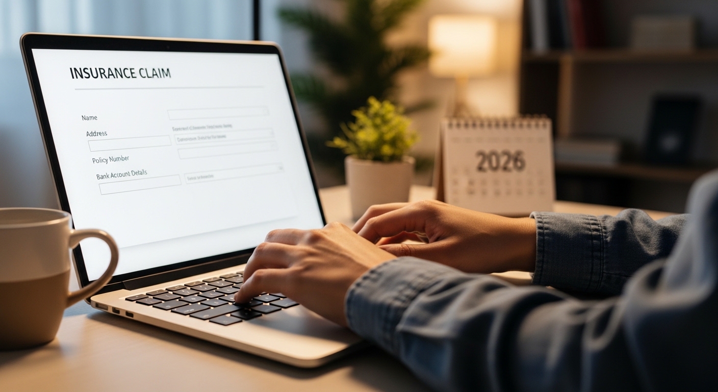노트북으로 보험금 청구 서류를 작성하는 손과 따뜻한 커피 한 잔, 2026년이 표시된 달력이 보이는 홈 오피스 풍경