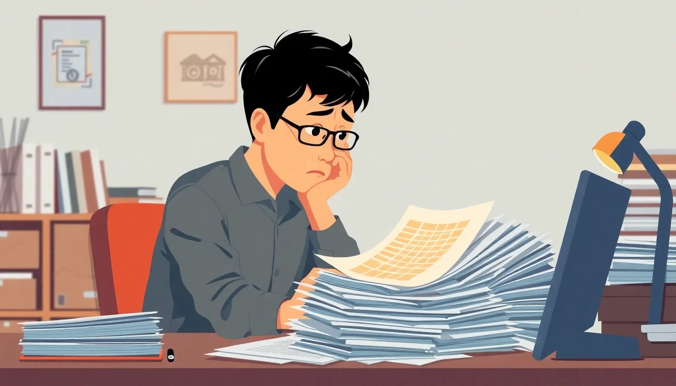 업무에 지쳐 책상 앞에 앉아 서류를 바라보는 안경 쓴 남자