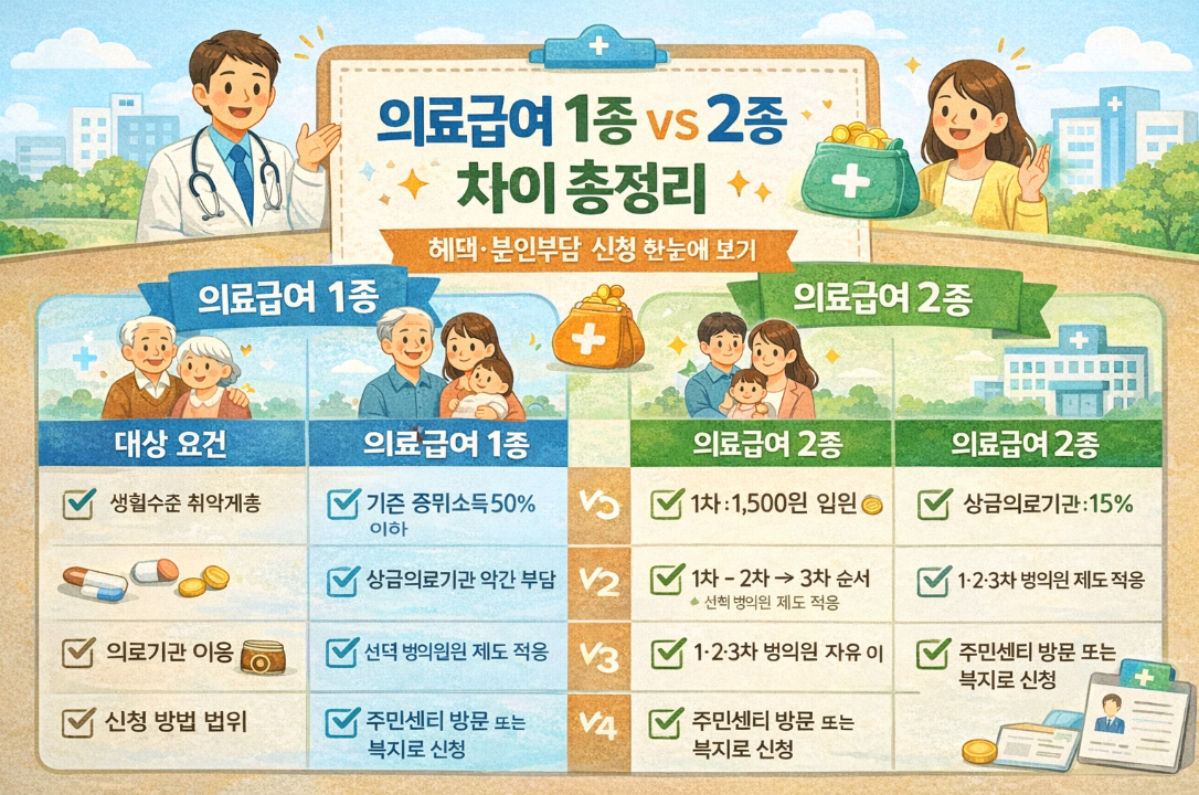 의료급여 1종&middot;2종 차이 완벽 정리(본인부담,혜택,신청 방법)