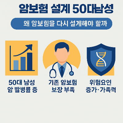50대 남성이 암보험을 다시 설계해야 하는 주요 이유인 암 발병률 증가, 기존 보험의 보장 부족, 가족력 증가 등 주요 리스크 요인을 시각화한 그래픽 자료입니다. 그래프, 의사 아이콘, 유전자 방패 이미지로 구성되어 직관적 이해를 돕습니다.