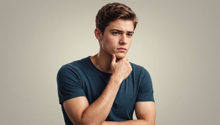 젊은 남성이 스트레스로 인한 알레르기로 피부가 벌겋게 되어 있다.