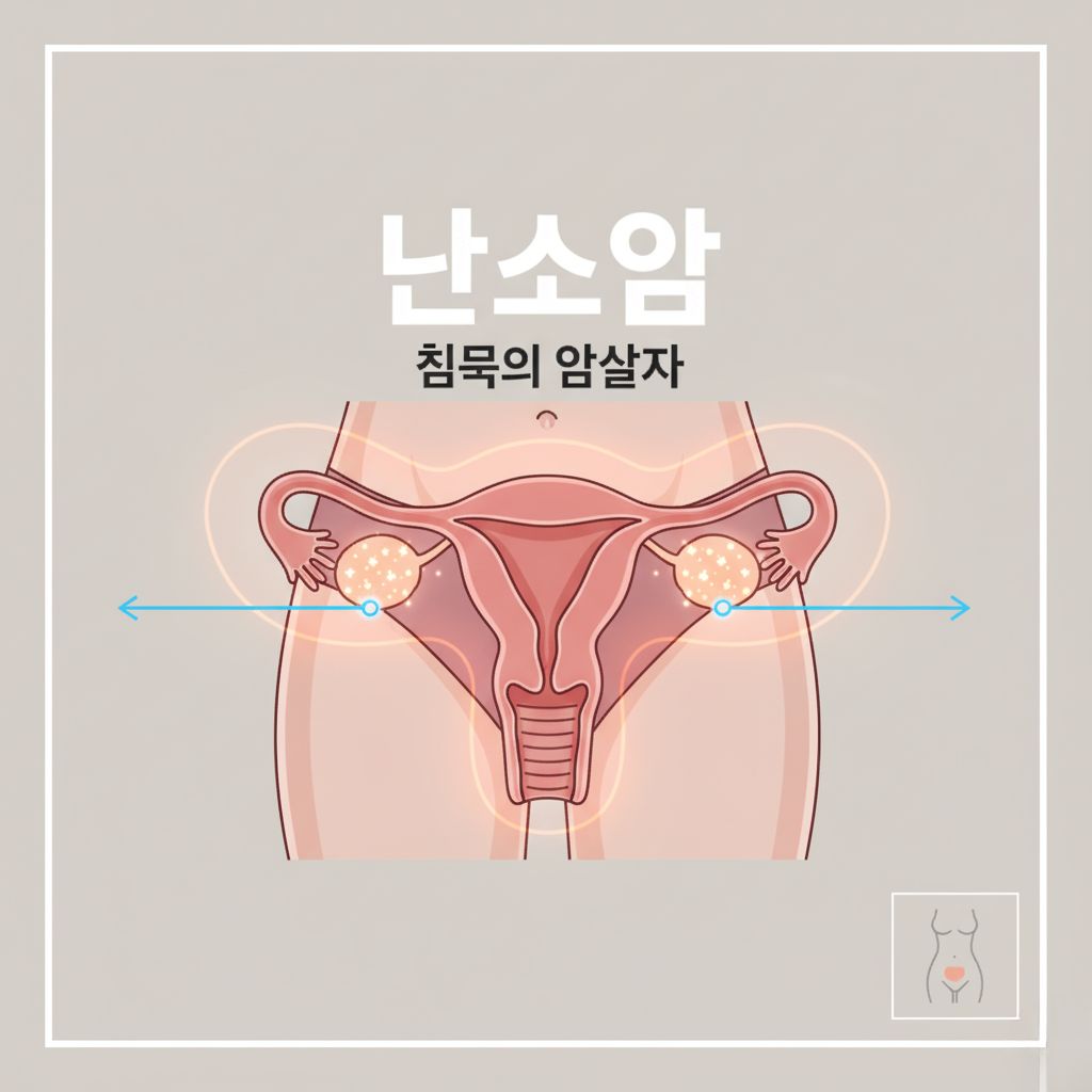 여성의 자궁과 양쪽 난소의 해부학적 위치를 보여주는 삽화. 난소 부위가 빛나고 있으며, '난소암 침묵의 암살자'라는 텍스트가 삽입되어 난소암의 위험성과 초기 증상이 잘 나타나지 않는 특징을 시각적으로 설명합니다.