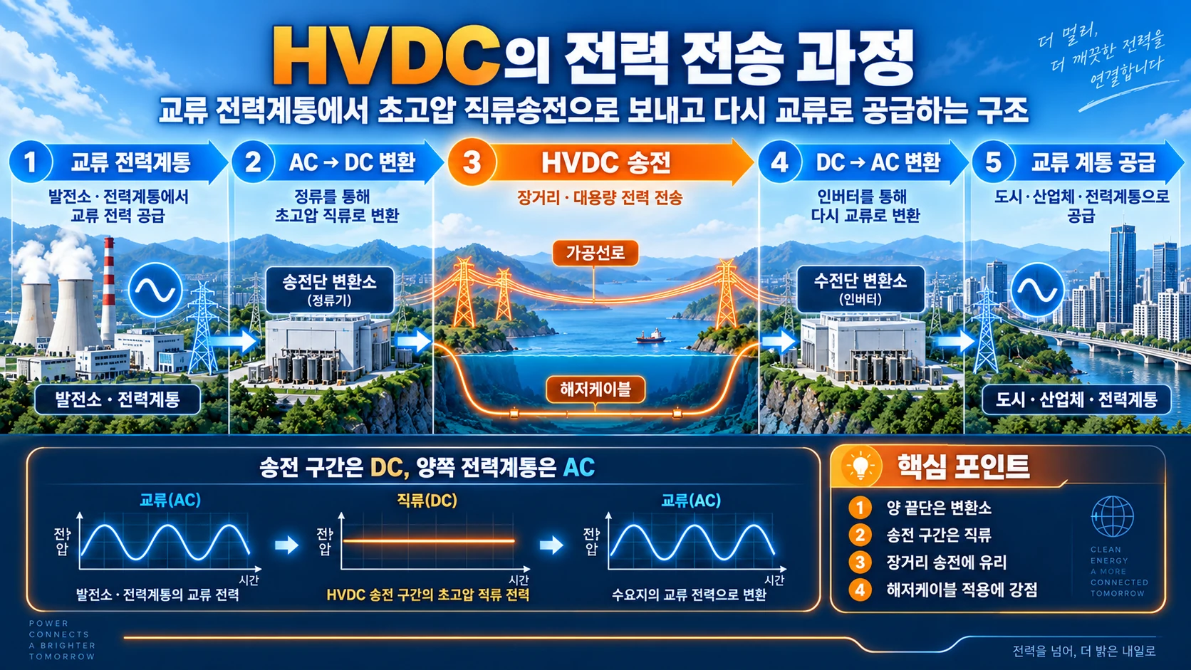 교류 전력계통에서 HVDC 직류송전을 거쳐 다시 교류로 변환되는 과정