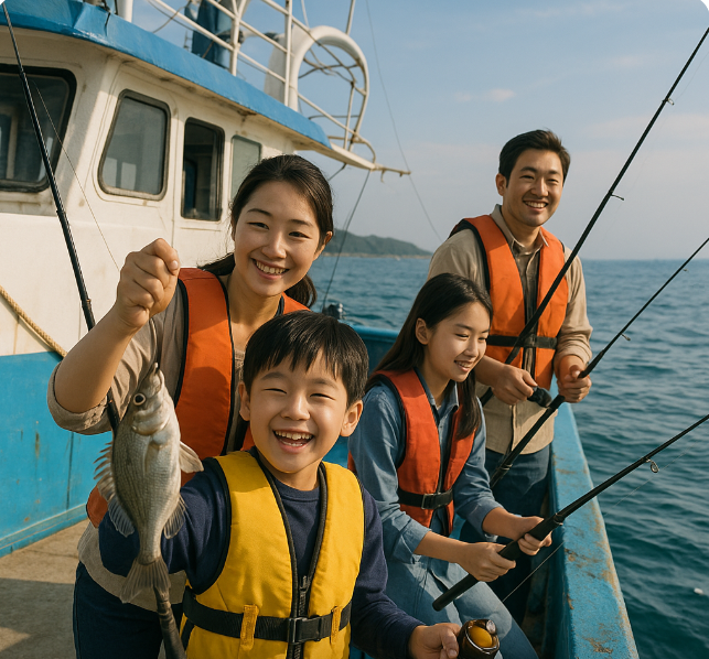 가족이 선상에서 낚시하는 이미지