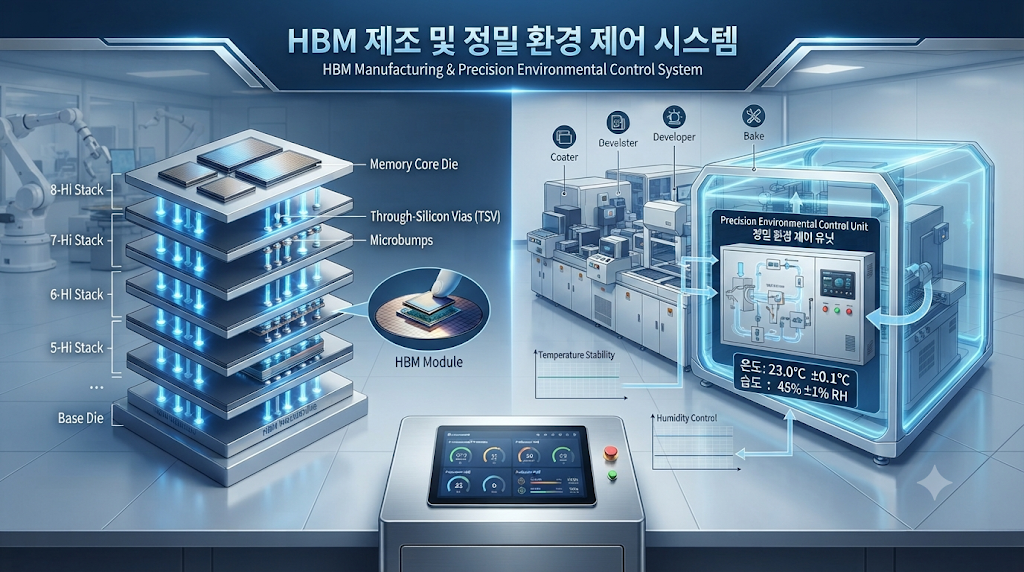 HBM 반도체 공정과 워트의 초정밀 온습도 제어장비가 연결되는 구조를 보여주는 이미지