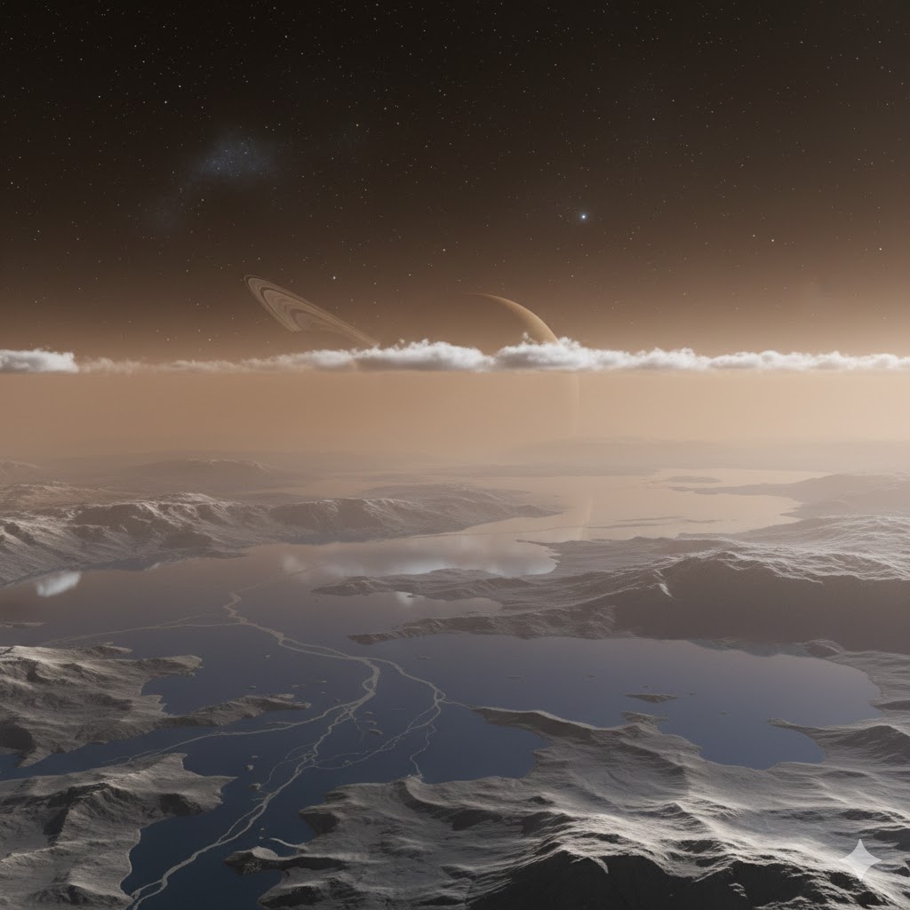 토성의 고리가 보이는 하늘 아래, 액체 메탄 호수가 펼쳐진 타이탄 표면