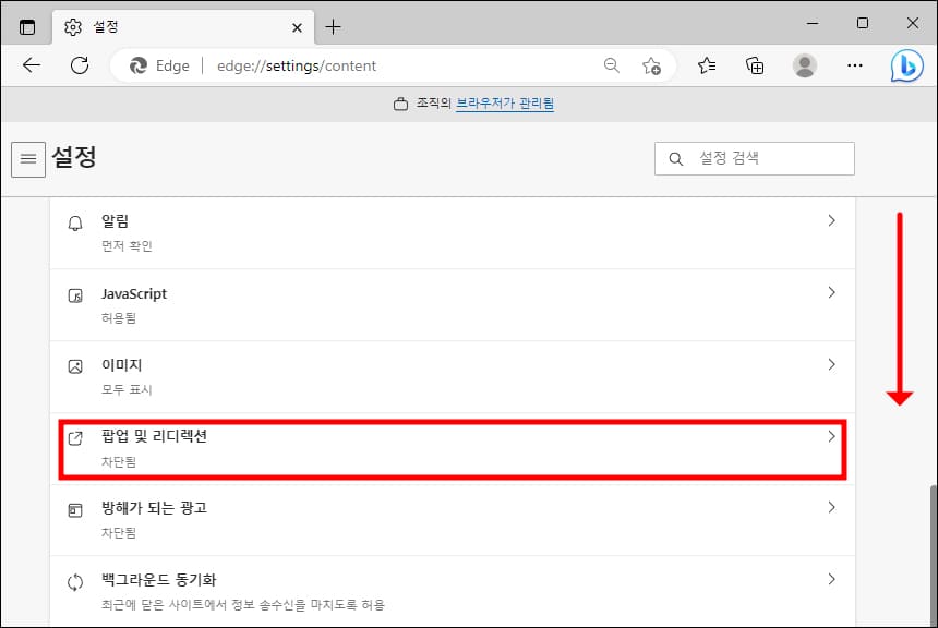 팝업 및 리디렉션 메뉴
