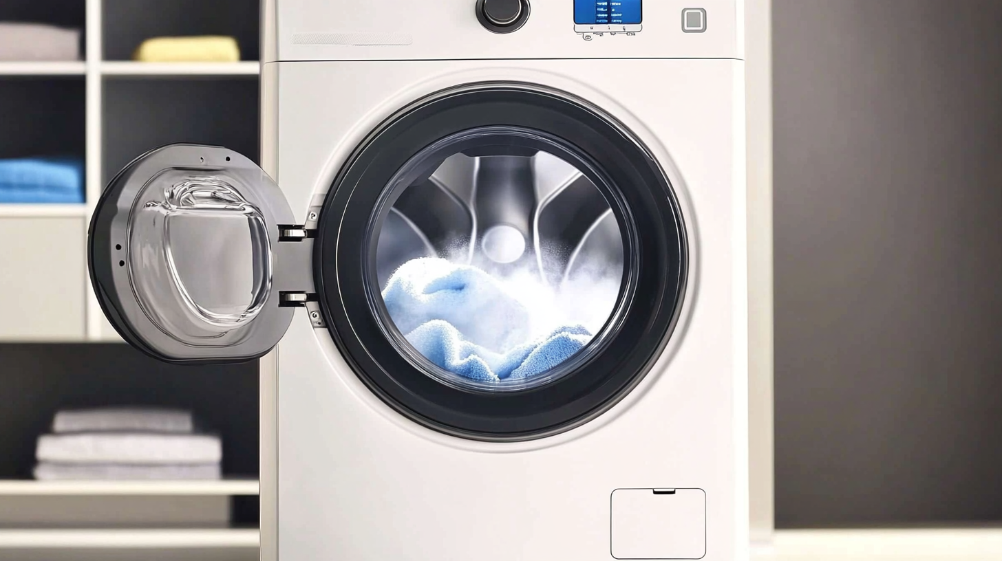 증기가 부드럽게 퍼져 나오는 열린 삼성 세탁기의 도어 모습으로, 습기 및 냄새 방지 기능을 시각적으로 보여줍니다.