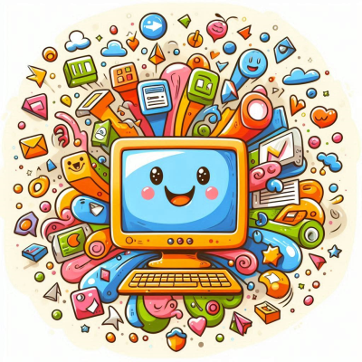 여러 가지 아이콘들이 나열된 웃는 얼굴을 한 컴퓨터 화면