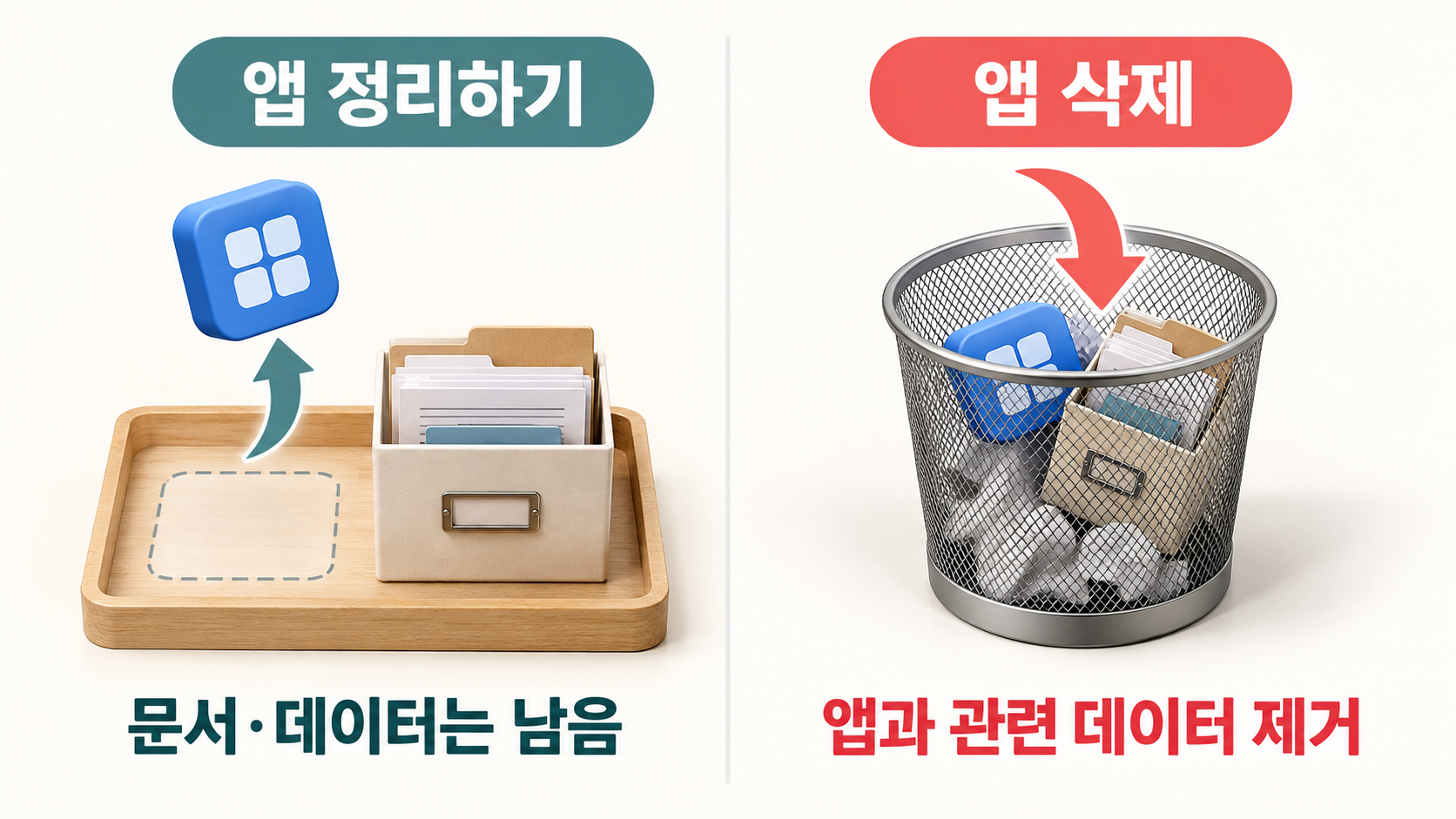 앱 정리하기는 문서·데이터를 남기고 앱 삭제는 관련 데이터를 제거하는 비교