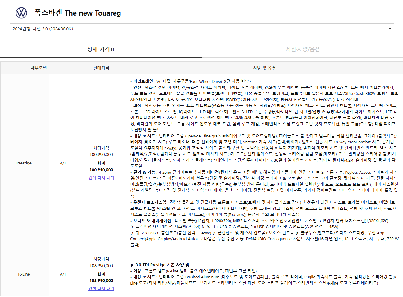 투아렉 상세 가격표