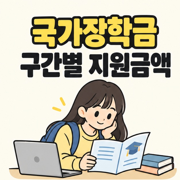 국가장학금 구간별 지원금액 제목 아래 가방을 멘 대학생이 노트북과 책이 있는 책상에서 안내 책자를 읽는 모습
