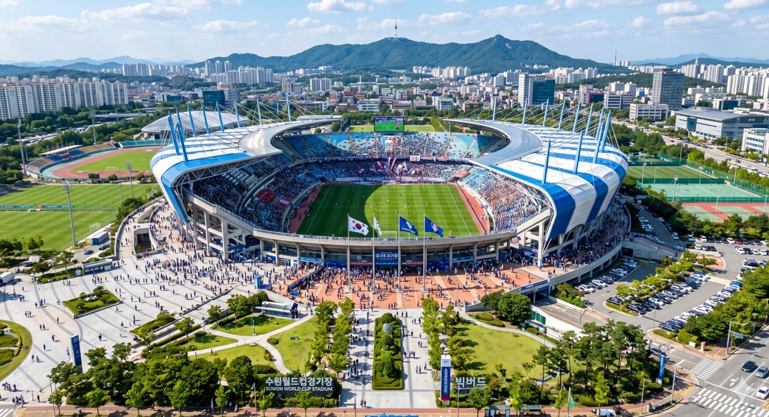 한국의 수원종합운동장을 연상시키는 대규모 스포츠 경기장 외관