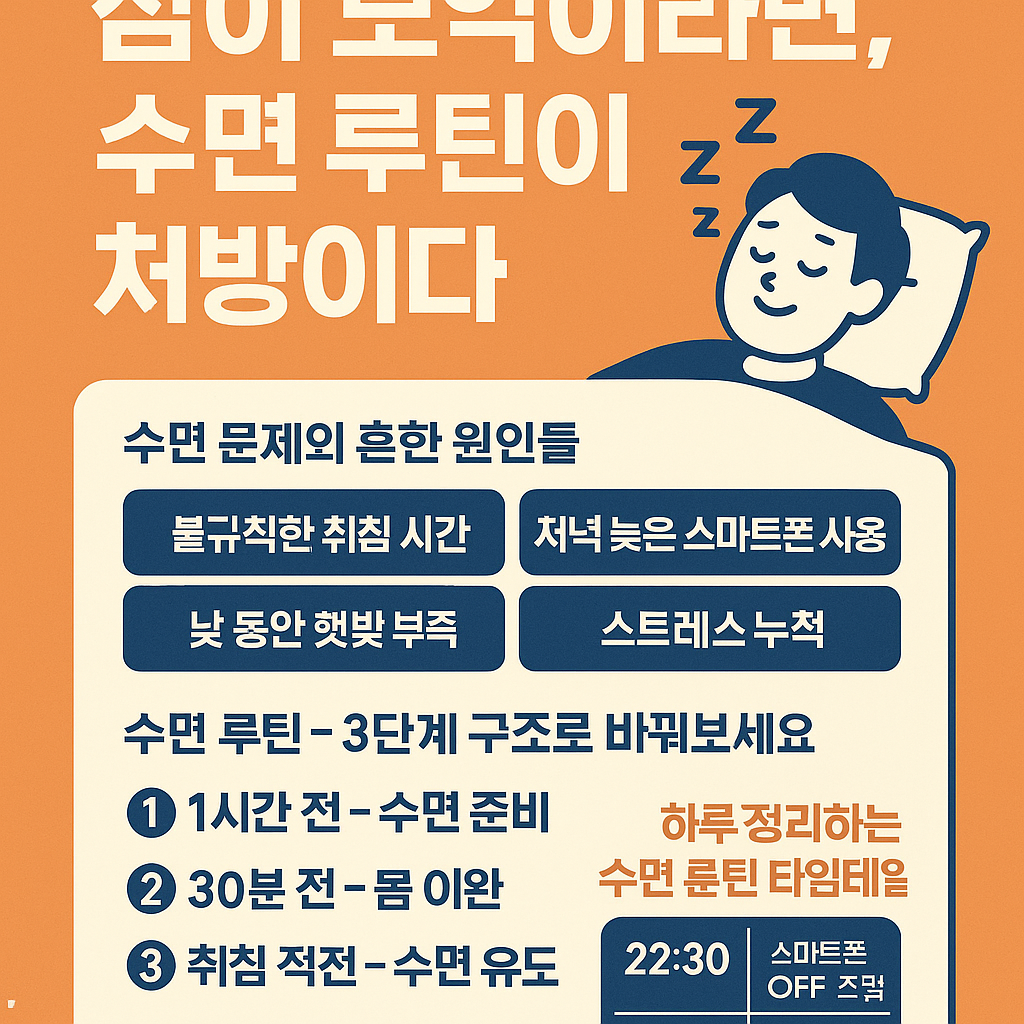 수면 루틴을 통해 숙면을 유도하고 생체 리듬을 회복하는 방법을 안내하는 인포그래픽 썸네일 이미지