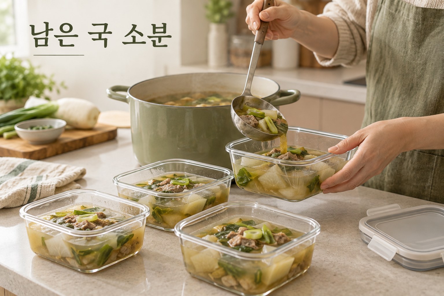큰 냄비의 국을 얕은 용기에 소분한 AI 설명 이미지