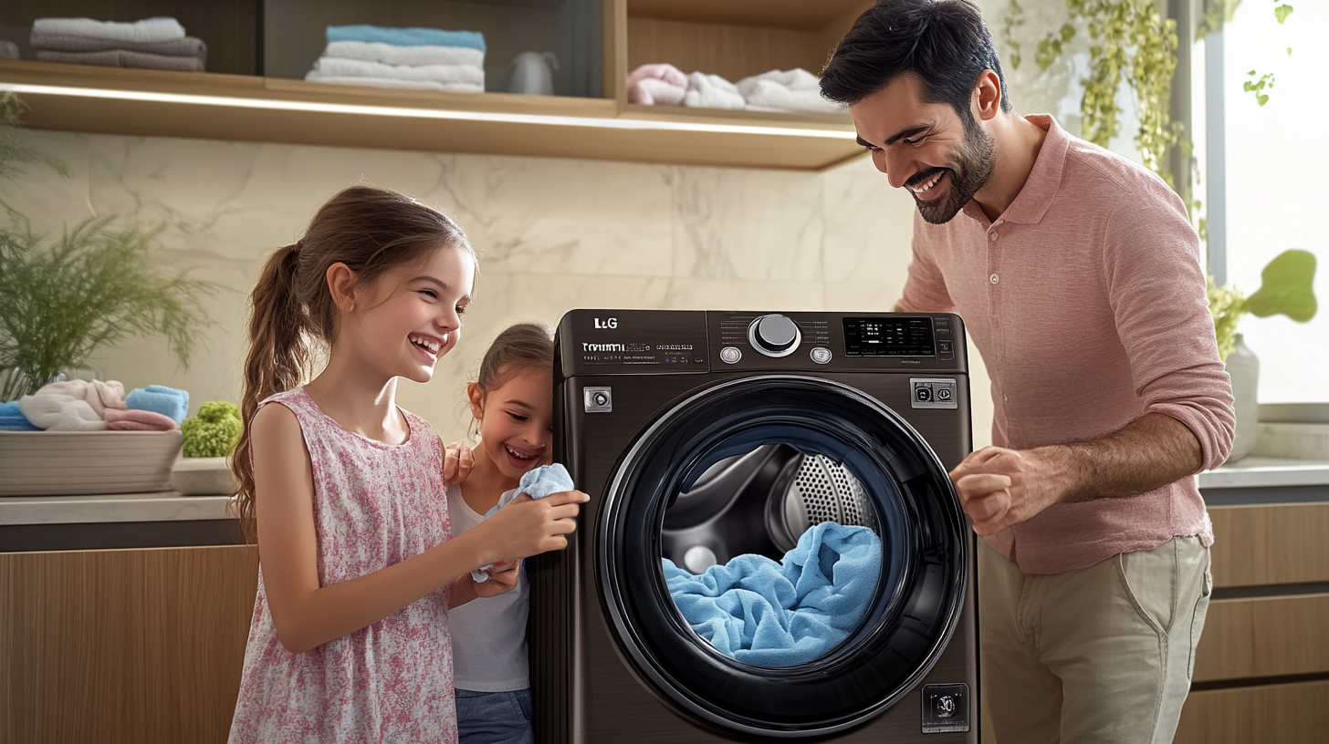 사용자 친화적인 기능과 스마트 기술을 활용하여 LG 트롬 세탁기로 효율적인 세탁을 즐기고 있는 가족의 행복한 모습입니다.