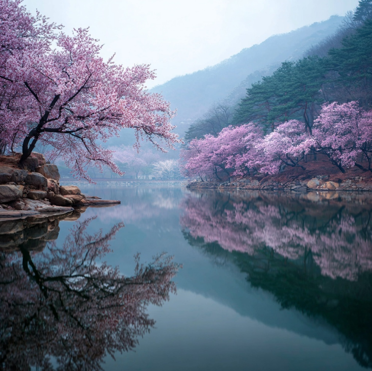 새벽 호수가에 핀 벚꽃 