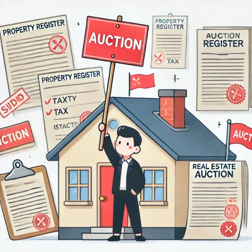 부동산 경매 대상인 주택이 있고 그 주변에 여러개의 세금관련 서류가 날리는 모습