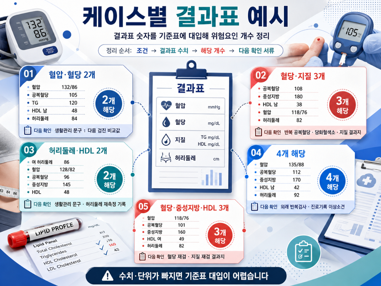 대사증후군 결과표 수치를 기준표에 대입해 위험요인 개수를 정리하는 케이스별 예시 인포그래픽