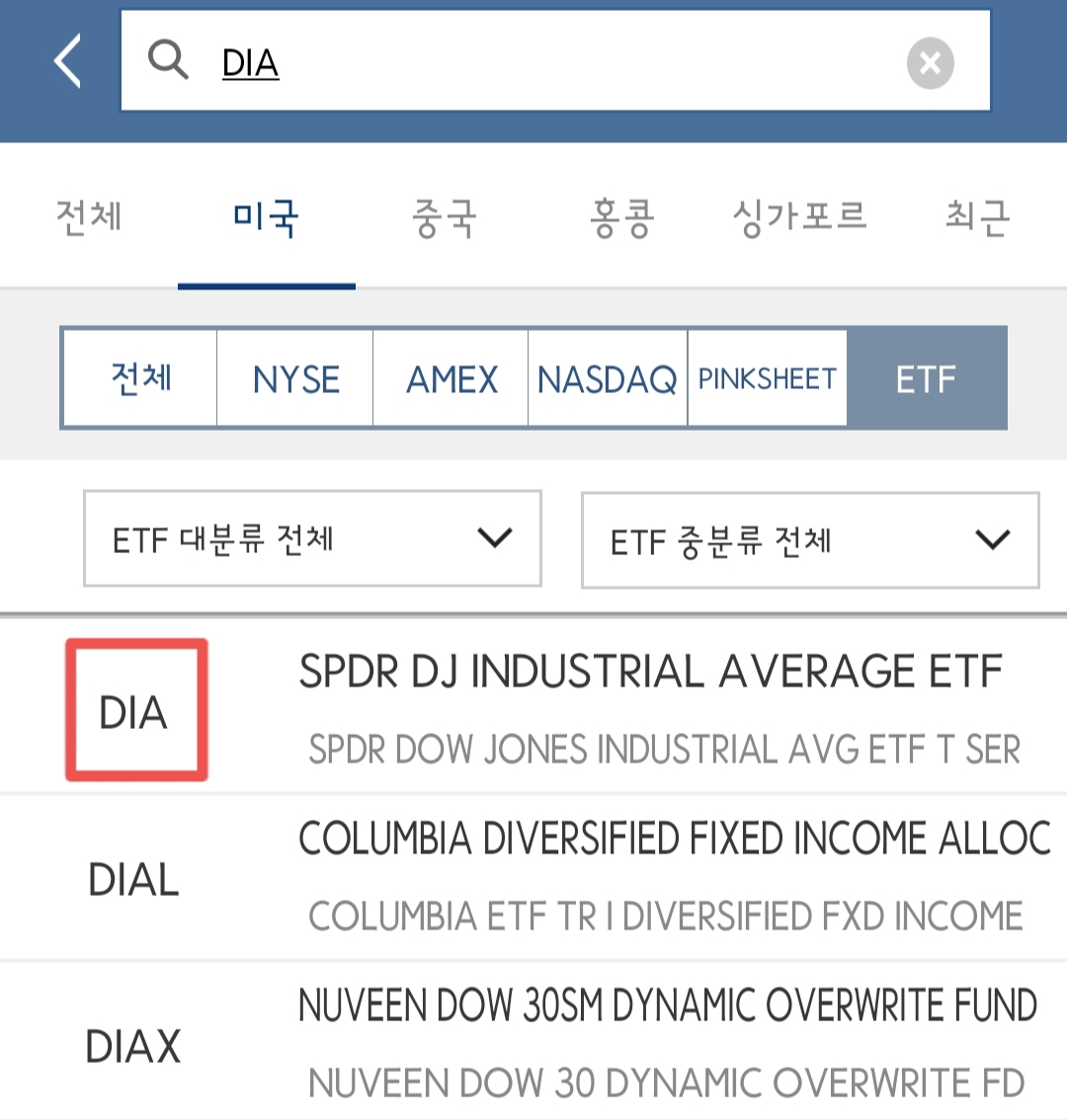 미국 월배당 ETF DIA 검색하기