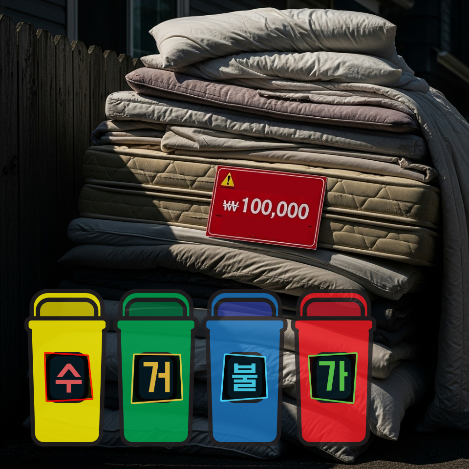 집 앞에 버려진 이불 더미와 그 옆에 붙어있는 "수거 불가" 딱지. 난감한 상황을 보여줌