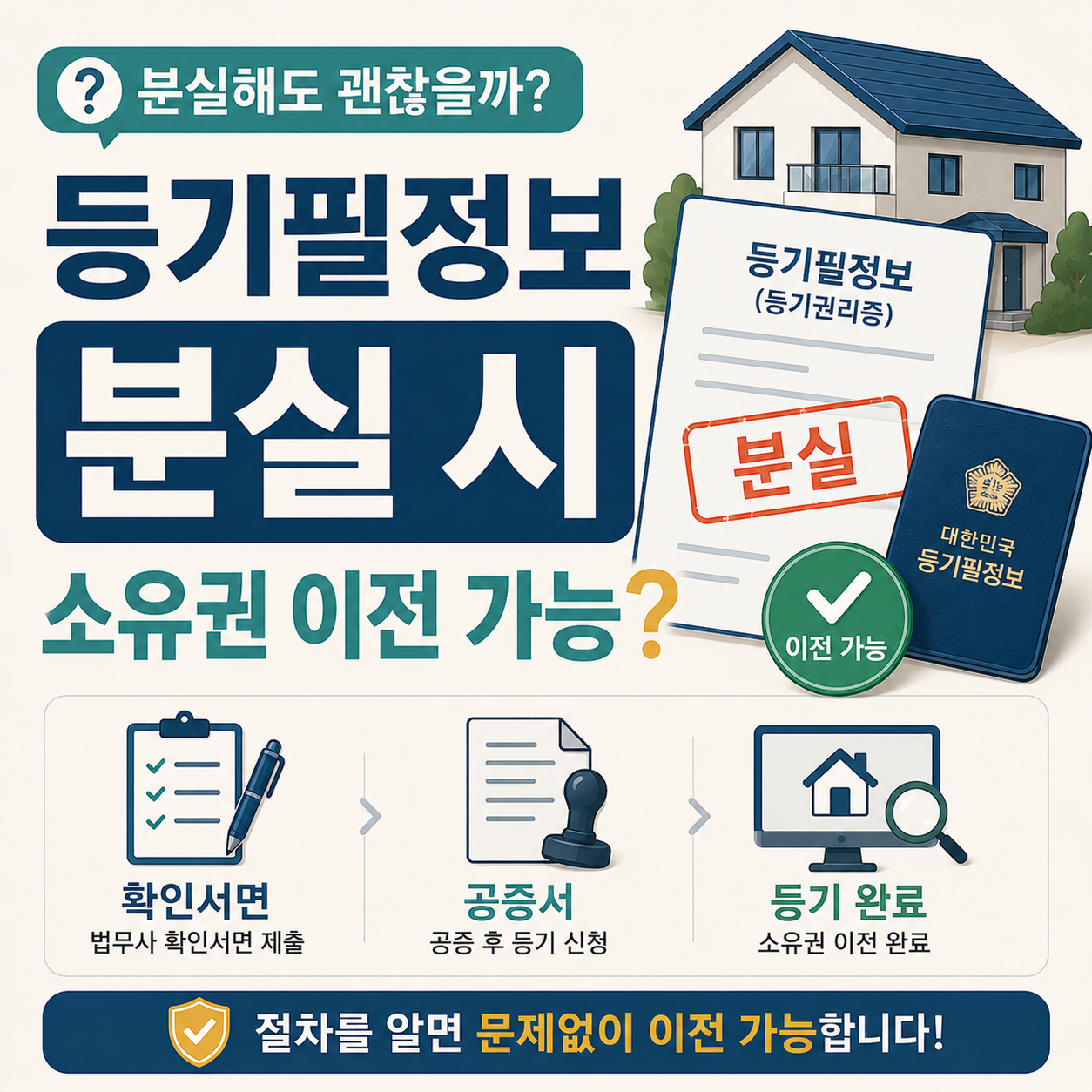 등기필정보 분실과 소유권 이전등기 절차를 안내하는 이미지