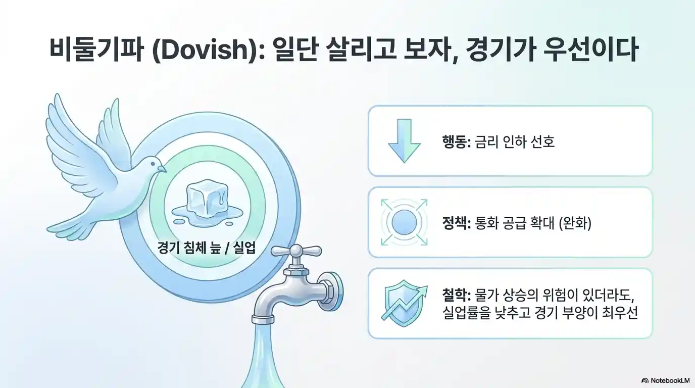비둘기파 Dovish 뜻 인포그래픽 - 금리 인하 선호 통화 공급 확대 실업률 감소 경기 부양 최우선