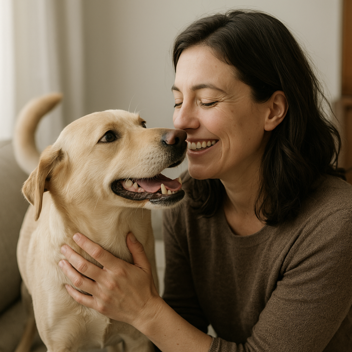 소파에 앉아 강아지를 안고 따뜻하게 웃으며 교감하는 보호자.