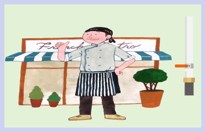 음식점을 운영하는 소상공인이 가게 앞에서 엄지를 들어올리는 모습과 오른쪽에 가스벨브 아이콘