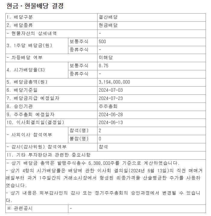 코리아에셋투자증권 배당결정 공시