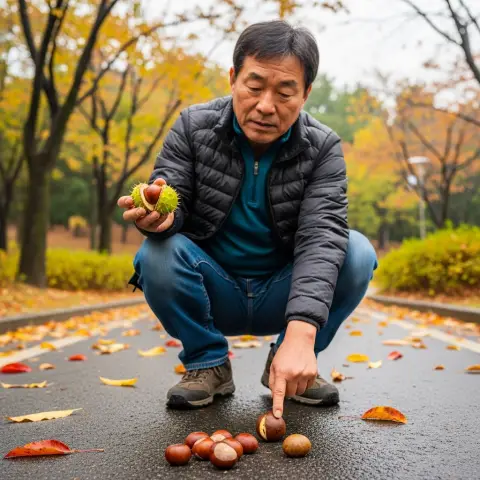 가을 산책 중 길가에서 밤과 마로니에 열매를 구별하는 모습