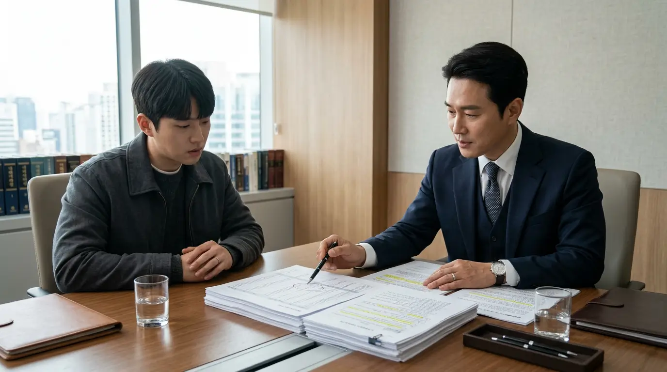 밝은 조명의 법률 사무소 회의실에서 정장 차림의 변호사가 의뢰인에게 은행 이체 내역서를 펜으로 짚어주며 방어 전략을 설명하는 모습