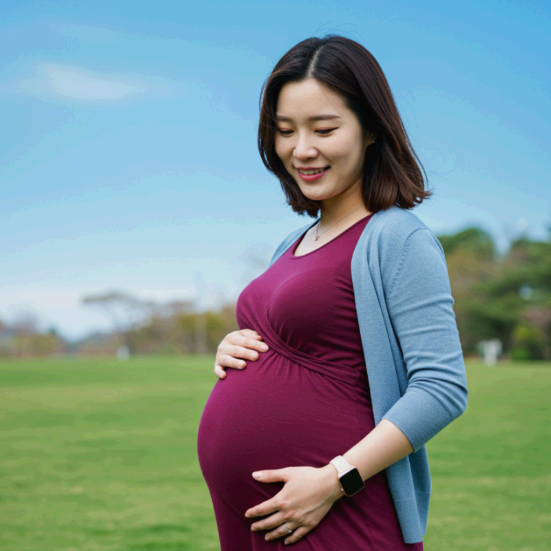 공원에서 미소 짓는 임산부 여성.