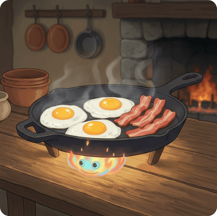 alt="철판 위에 베이컨과 달걀 프라이가 놓여 있고, 아래에서 작은 불꽃 정령이 은은히 타오르는 장면을 표현한 일러스트"